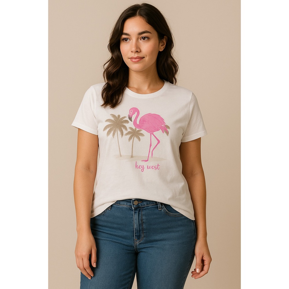 Delosol Women's T-Shirt 2XL White Flamingo Key West Palm Tree Graphic Tee Casual